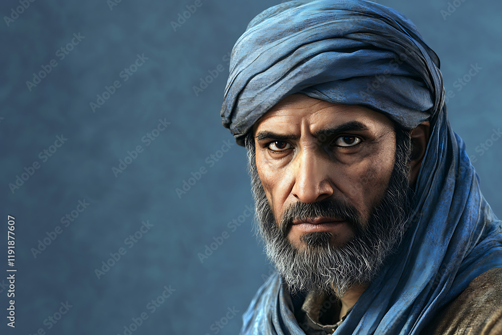 A close-up portrait of a man with a beard and turban, conveying intensity and wisdom. A close-up portrait of a man with a beard and turban, conveying intensity and wisdom.