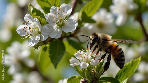 Bees Pollinating Spring Blossoms Surrounded By Fresh Green Leaves photo