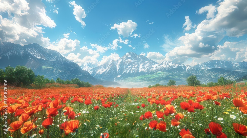 A vibrant landscape filled with orange flowers and majestic mountains under a blue sky. A vibrant landscape filled with orange flowers and majestic mountains under a blue sky.