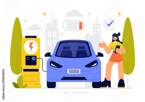 Charging Electric Car Batteries Vector Illustration with of Charger and Cable Plugs Representing Green Energy, Environmental Sustainability or Ecology