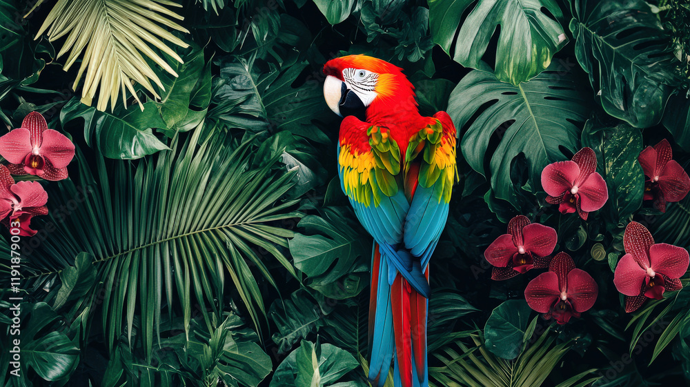 Obraz premium Vibrant jungle-themed wallpaper featuring vivid parrots, lush tropical foliage, and colorful orchids, bringing an exotic, lively atmosphere to any space with rich, natural hues. 