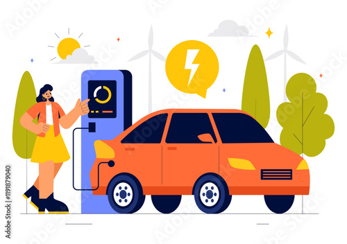 Charging Electric Car Batteries Vector Illustration with of Charger and Cable Plugs Representing Green Energy, Environmental Sustainability or Ecology