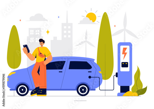 Charging Electric Car Batteries Vector Illustration with of Charger and Cable Plugs Representing Green Energy, Environmental Sustainability or Ecology