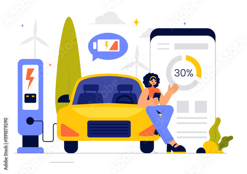 Charging Electric Car Batteries Vector Illustration with of Charger and Cable Plugs Representing Green Energy, Environmental Sustainability or Ecology