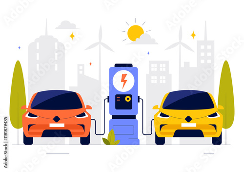 Charging Electric Car Batteries Vector Illustration with of Charger and Cable Plugs Representing Green Energy, Environmental Sustainability or Ecology