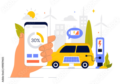 Charging Electric Car Batteries Vector Illustration with of Charger and Cable Plugs Representing Green Energy, Environmental Sustainability or Ecology
