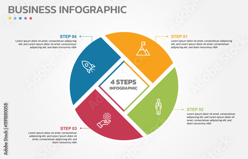 Visual data presentation. Cycle diagram with 4 options. Pie Chart Circle infographic template with 4 steps, options, parts, segments. Business concept. Editable pie chart with sectors.