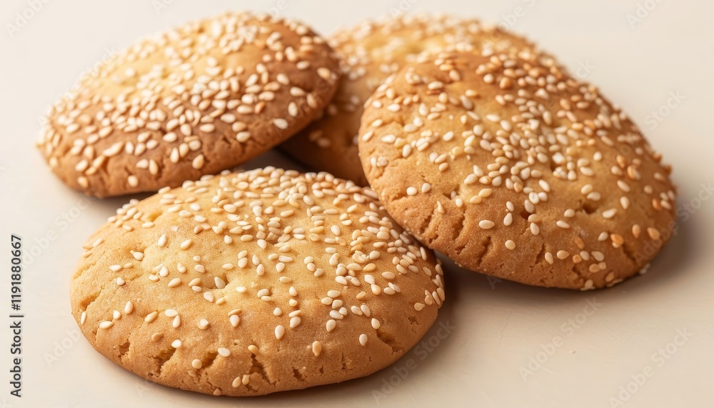 Four round cookies topped with sesame seeds on a light background. Four round cookies topped with sesame seeds on a light background.