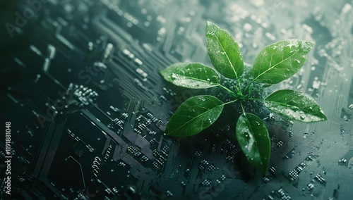 Fresh Plant Leaves on Circuit Board photo