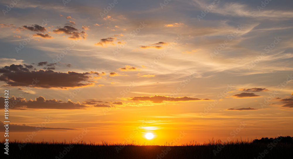Fototapeta premium A peaceful summer twilight is illuminated by warm golden and amber shades. 