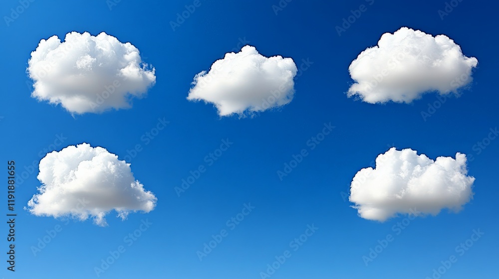 Blue Sky with Fluffy Cumulus Clouds: Six fluffy cumulus clouds float against a vibrant blue sky, creating a serene and peaceful image. Perfect for backgrounds or design elements. Blue Sky with Fluffy Cumulus Clouds: Six fluffy cumulus clouds float against a vibrant blue sky, creating a serene and peaceful image. Perfect for backgrounds or design elements.