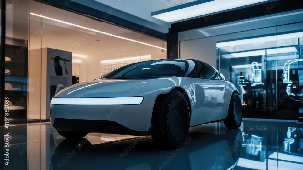 A futuristic hydrogen-powered microcar with customizable parts, showcased in a virtual showroom A futuristic hydrogen-powered microcar with customizable parts, showcased in a virtual showroom