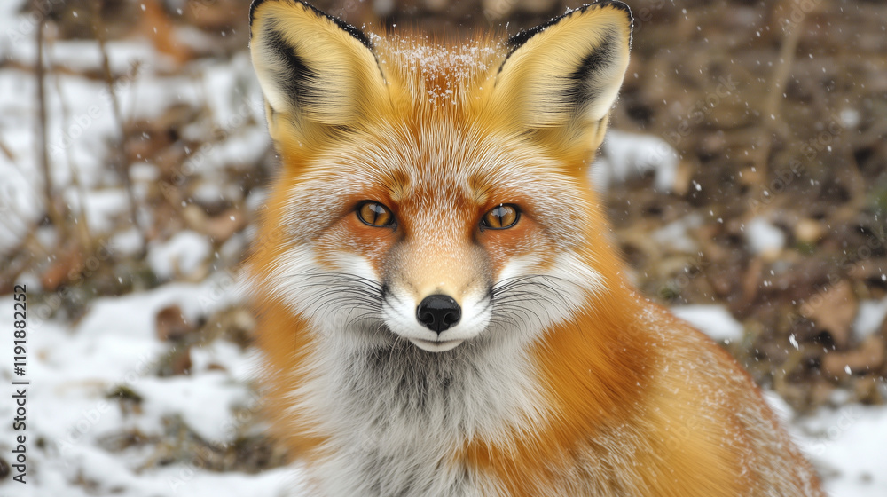 Fototapeta premium This is a close up image of a red fox with amber eyes, captured in a snowy environment. The fox is looking directly at the viewer. It is one of multiple images in an upload queue