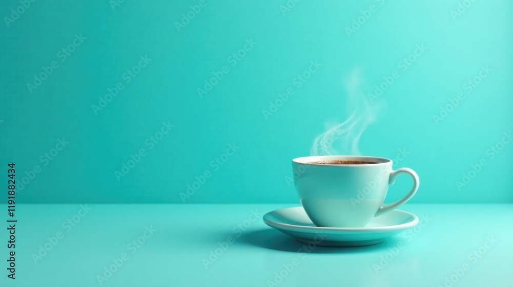 Aromatic Steam Rising from a Light Teal Coffee Cup on a Matching Saucer against a Vibrant Aqua Background Aromatic Steam Rising from a Light Teal Coffee Cup on a Matching Saucer against a Vibrant Aqua Background