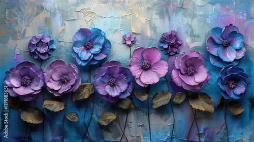 A textured artwork featuring vibrant purple flowers against a blue background.