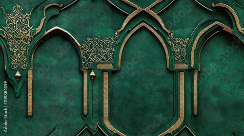 Emerald Green Islamic Arch Design, Intricate Calligraphy, Background Texture, Decorative Wall Art photo