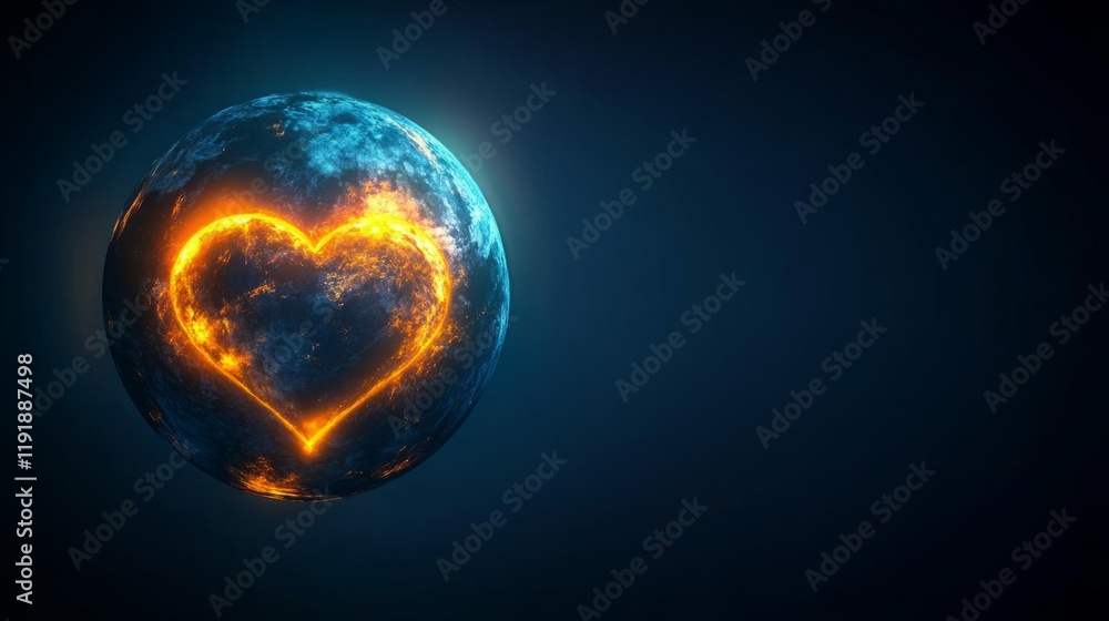 Fiery heart ablaze on a cosmic planet. A celestial love story unfolds. Fiery heart ablaze on a cosmic planet. A celestial love story unfolds.