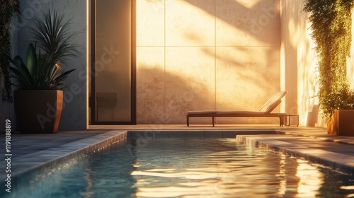 Sunlit poolside lounge  modern patio  tranquil garden  sunset
