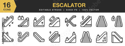 Escalator icon set. Editable Stroke Icon Collection. Includes Escalator, Moving Stairs, Staircase, Stairway, Upward, and More. Outline icons vector collection.