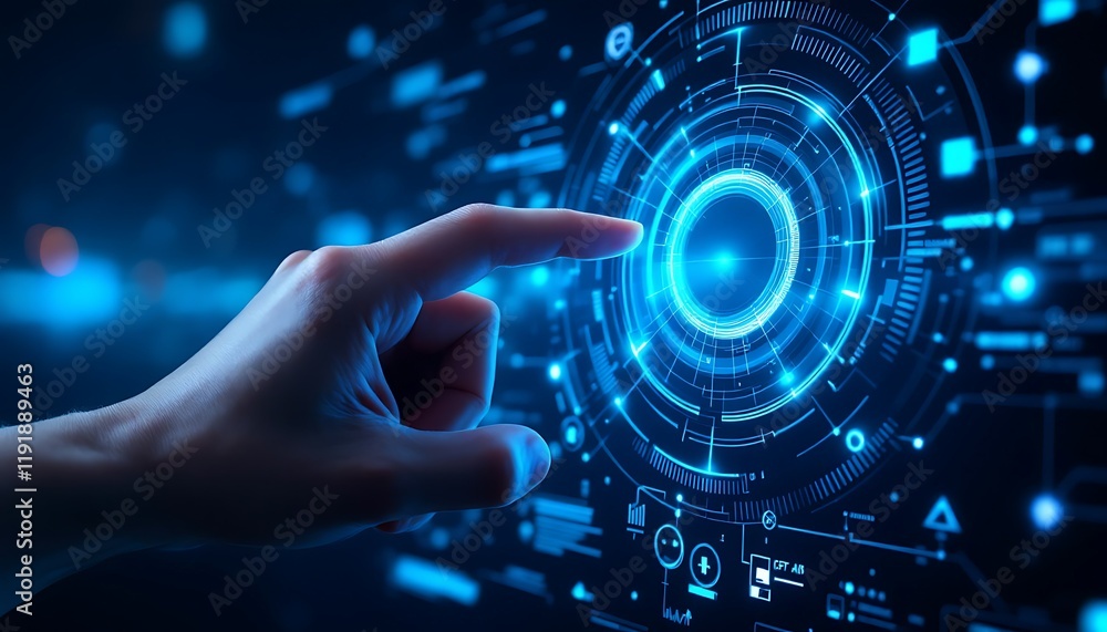 Hand interacting digital interface, futuristic technology, data visualization, abstract background, tech concept Hand interacting digital interface, futuristic technology, data visualization, abstract background, tech concept