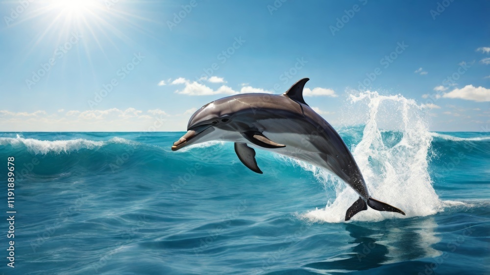 Naklejka premium Dolphin leaping out of the ocean with sun rays in a beautiful blue sky