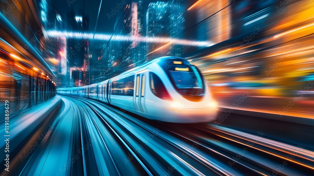 A cinematic view of a futuristic train speeding through a neon-lit cityscape A cinematic view of a futuristic train speeding through a neon-lit cityscape