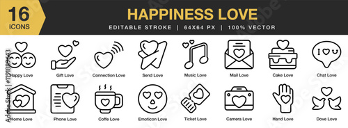 Happiness Love icon set. Editable Stroke Icon Collection. Includes love, happy, together, smile, happiness, couple, relationship, and More. Outline icons vector collection.