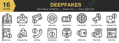 Deep Fakes icon set. Editable Stroke Icon Collection. Includes technology, fraud, deepfake, fake, recognition, and More. Outline icons vector collection.