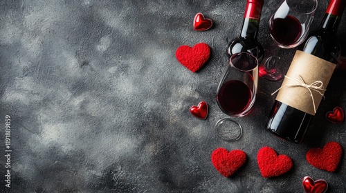 Romantic Valentine's Day wine date, red hearts, dark background photo