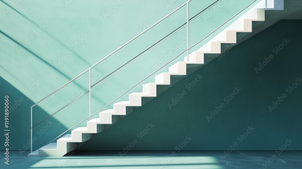 Fototapeta premium Modern white stairs, teal wall, sunlit room, interior design