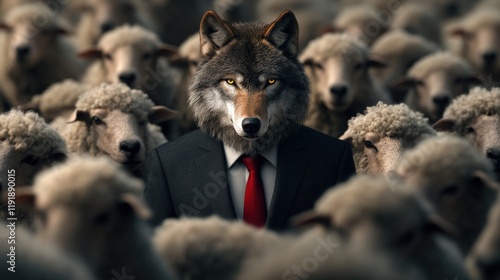 A corporate betrayal concept with a wolf in a suit standing confidently among a group of sheep capturing the essence of hidden agendas in business.