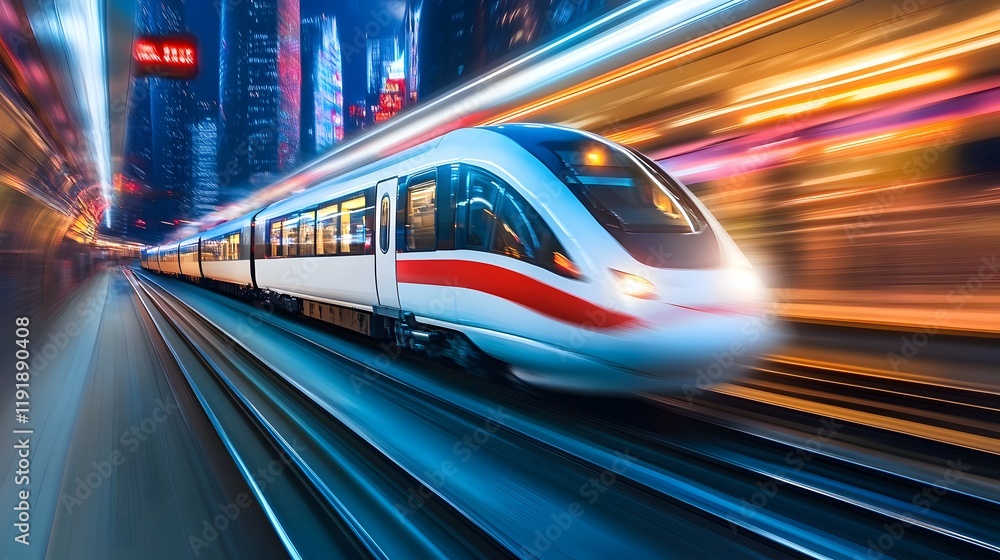 A cinematic view of a futuristic train speeding through a neon-lit cityscape A cinematic view of a futuristic train speeding through a neon-lit cityscape