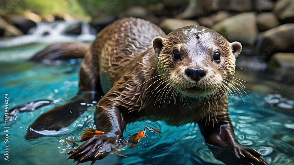 Playful Otter in a Crystal Clear Stream Hunting Colorful Fish in its Habitat Playful Otter in a Crystal Clear Stream Hunting Colorful Fish in its Habitat