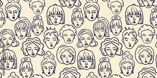 seamless pattern featuring doodle women's faces