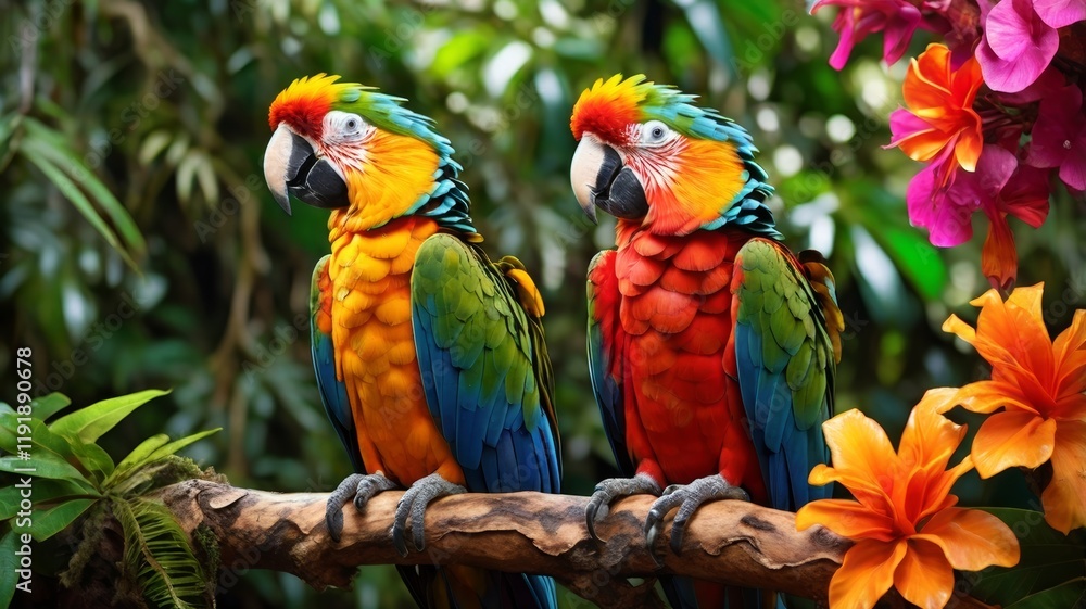 Fototapeta premium Vibrant Macaws Perched on Branch surrounded by tropical flora in a lush rainforest scene