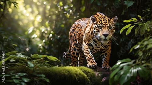 Majestic Jaguar Strolling Through a Lush Tropical Rainforest with Sunlight photo