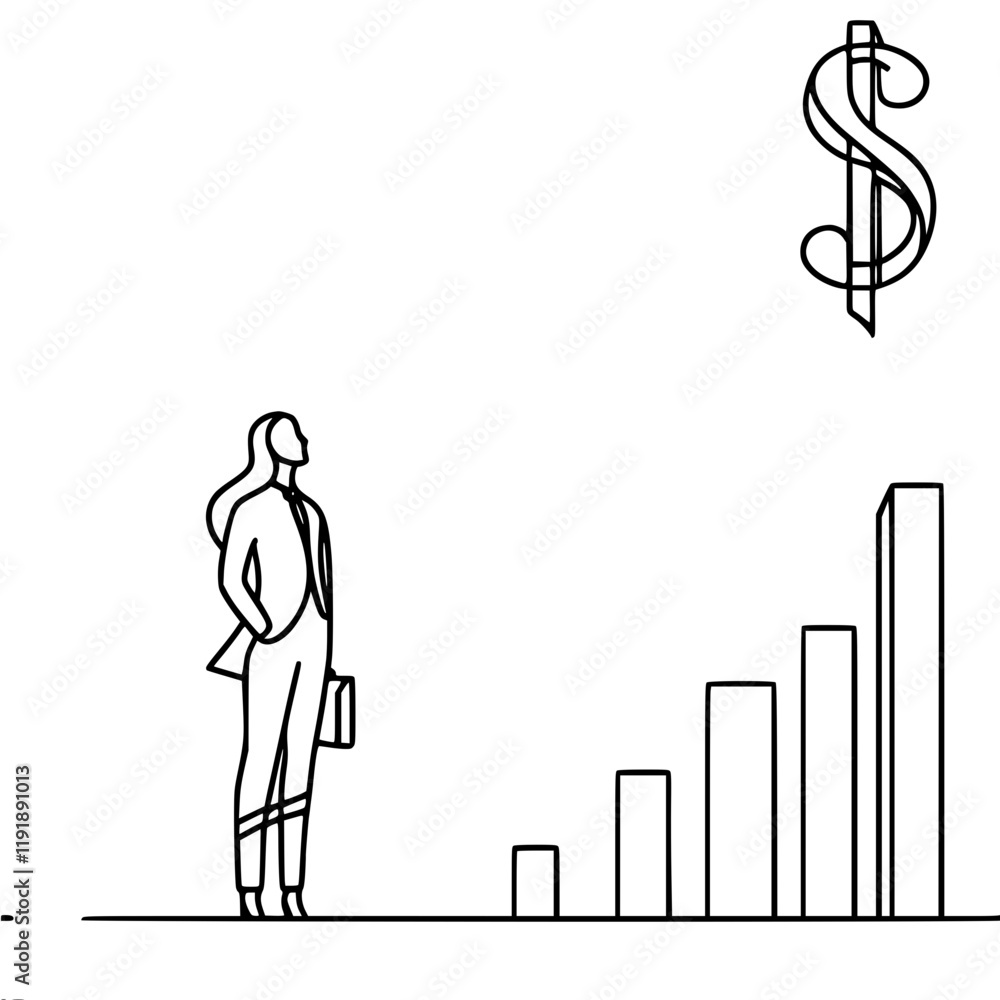 A woman stands next to a growing graph and a dollar sign, symbolizing financial growth and success, a simple single line vector outline minimalistic drawing A woman stands next to a growing graph and a dollar sign, symbolizing financial growth and success, a simple single line vector outline minimalistic drawing
