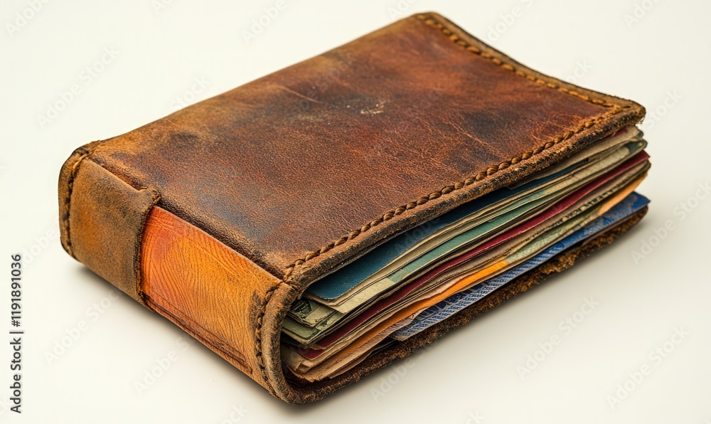Distressed leather wallet overflowing with cash, cards. Distressed leather wallet overflowing with cash, cards.