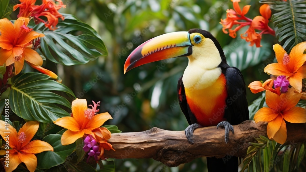 Vibrant Toucan Perched on a Branch Amidst Lush Tropical Flowers Vibrant Toucan Perched on a Branch Amidst Lush Tropical Flowers