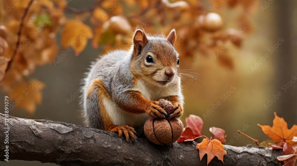 Cute squirrel holding a nut on a branch amidst autumn foliage scene in nature Cute squirrel holding a nut on a branch amidst autumn foliage scene in nature