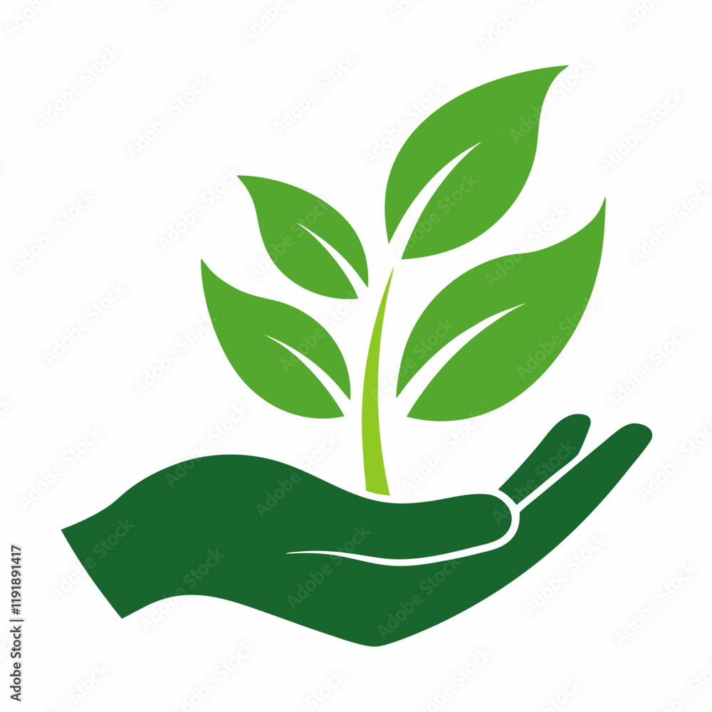 Leaves in a hand sign of environmental protection icon on white background. Leaves in a hand sign of environmental protection icon on white background.