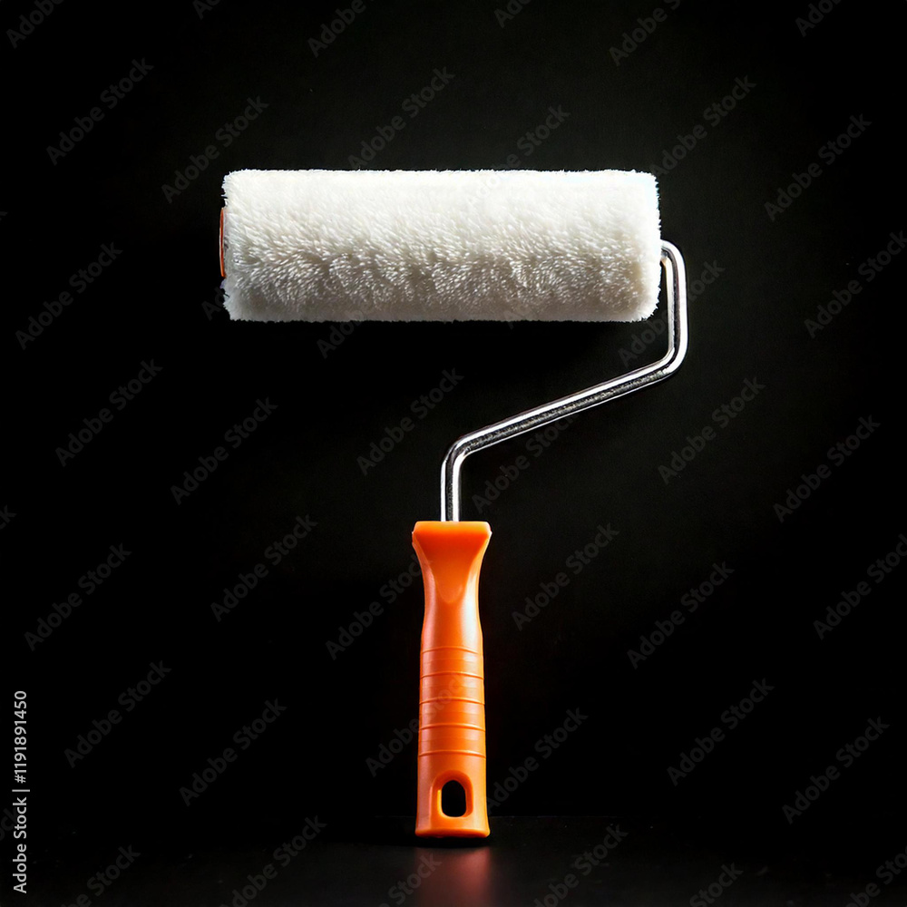 Obraz premium A paint roller isolated on a black background. With an orange handle.