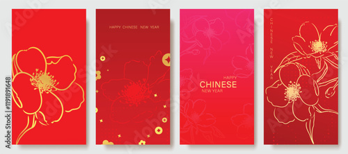 Chinese New Year 2025 hongbao red envelope design vector. Collection of Chinese festival with peony flower, pattern. Elegant oriental illustration for angpao, cover, calendar, ads.
