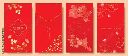 Chinese New Year 2025 hongbao red envelope design vector. Collection of Chinese festival with flower, butterfly, fish, pattern. Elegant oriental illustration for angpao, cover, website, calendar, ads.