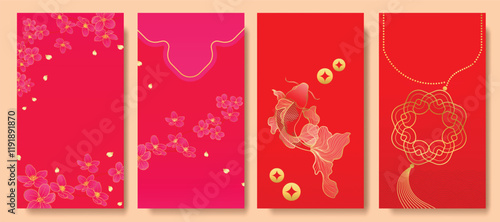 Chinese New Year 2025 hongbao red envelope design vector. Collection of Chinese festival with flower, coin, fish, pattern. Elegant oriental illustration for angpao, cover, website, calendar, ads.