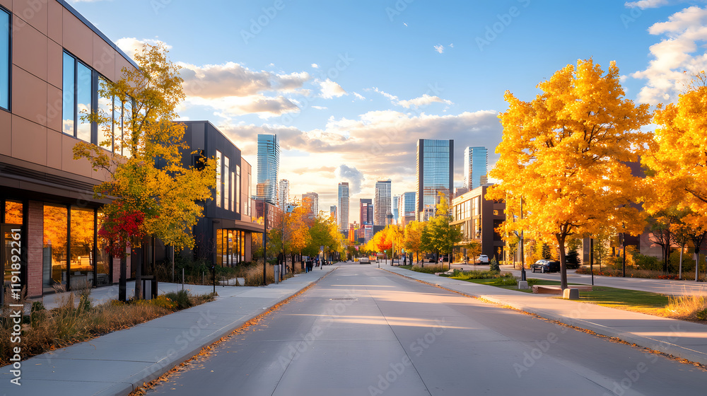 A serene city street lined with vibrant autumn trees, showcasing a mix of modern architecture and a clear blue sky A serene city street lined with vibrant autumn trees, showcasing a mix of modern architecture and a clear blue sky