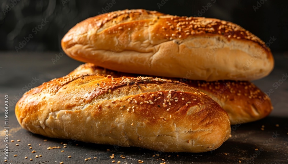Three freshly baked bread rolls sprinkled with sesame seeds on a dark surface. Three freshly baked bread rolls sprinkled with sesame seeds on a dark surface.