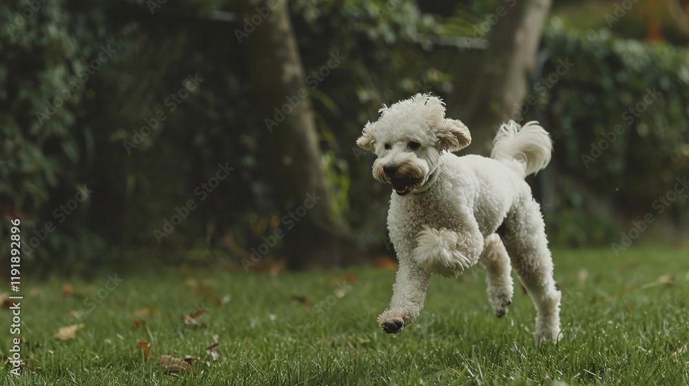Energetic white poodle running joyfully on the lush green grass, showing its lively and active nature. A charming sight of a pet in an open space. Energetic white poodle running joyfully on the lush green grass, showing its lively and active nature. A charming sight of a pet in an open space.