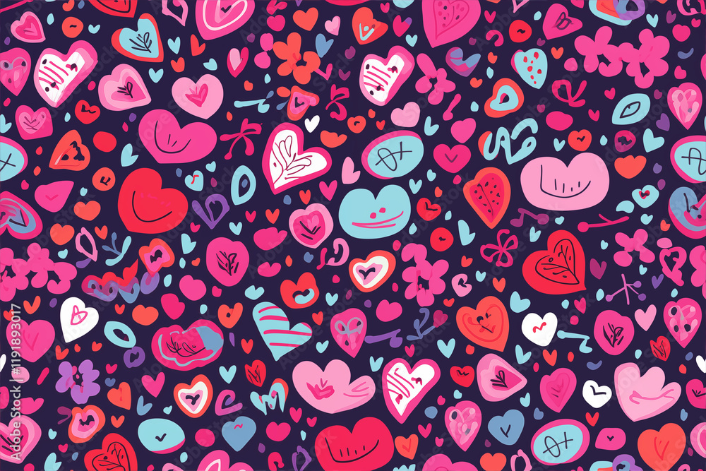 The design should feature illustrations of hearts and chocolates in soft pastel tones. Textures should be whimsical and childlike, with gentle shapes and patterns that are playful yet comforting. The 