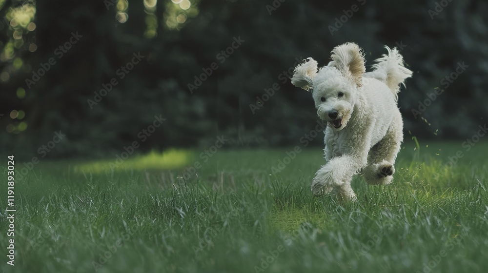 Energetic white poodle running joyfully on the lush green grass, showing its lively and active nature. A charming sight of a pet in an open space. Energetic white poodle running joyfully on the lush green grass, showing its lively and active nature. A charming sight of a pet in an open space.